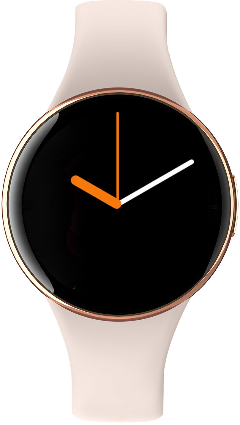 Biały smartwatch z okrągłą czarną tarczą, złotą obwódką, białym paskiem. Zbliżenie.