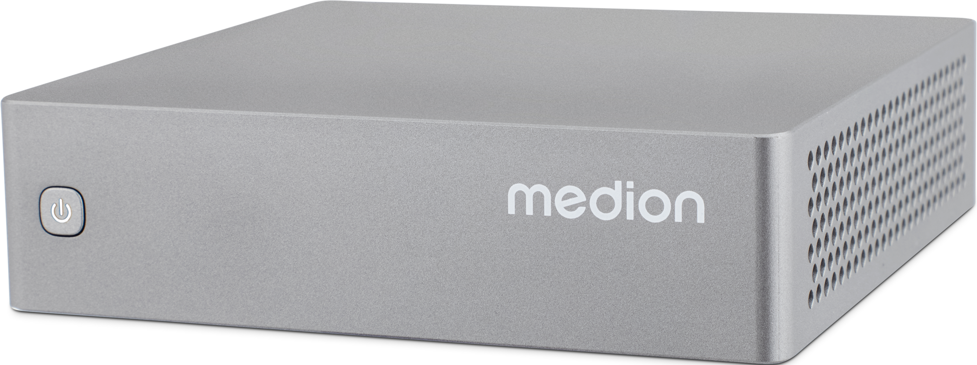 Appareil Medion argenté avec bouton, logo et ventilation. Fond blanc.