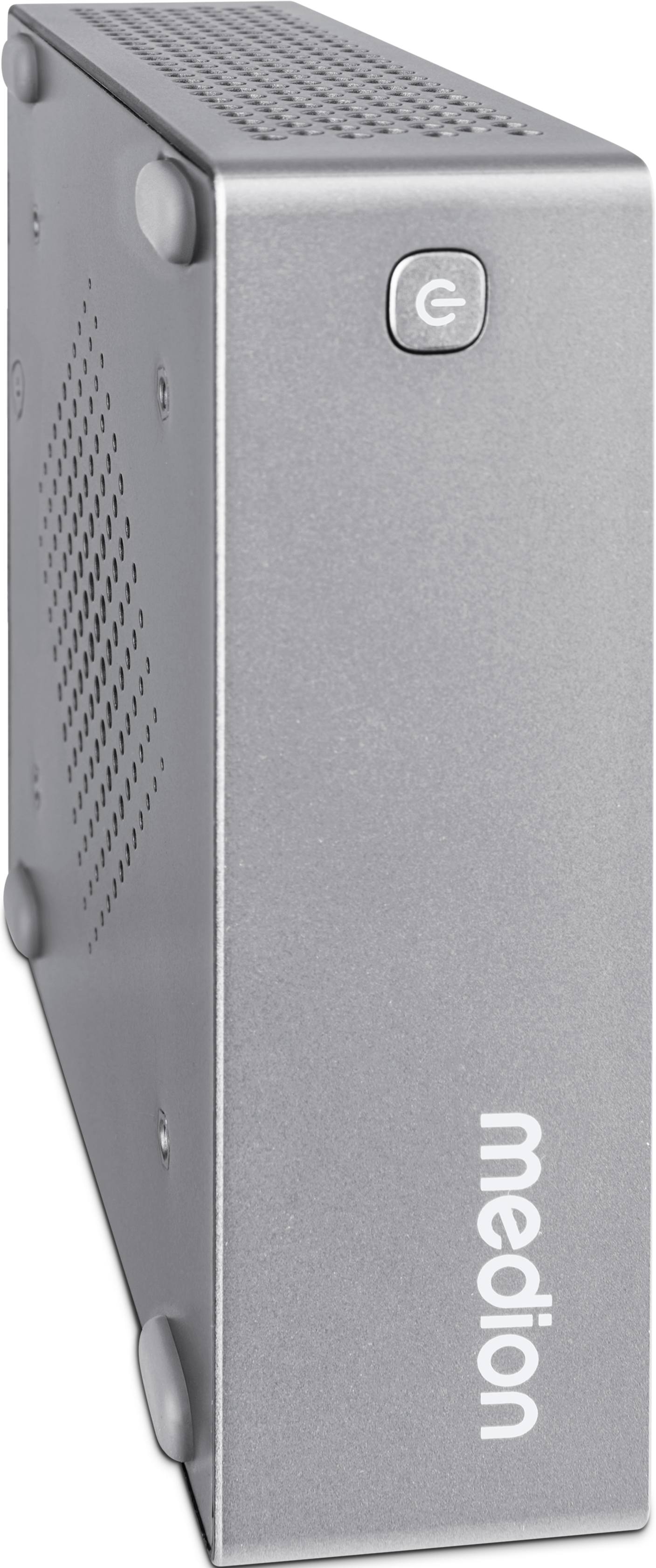 Appareil Medion argenté, vertical avec bouton et ventilation. Fond blanc.