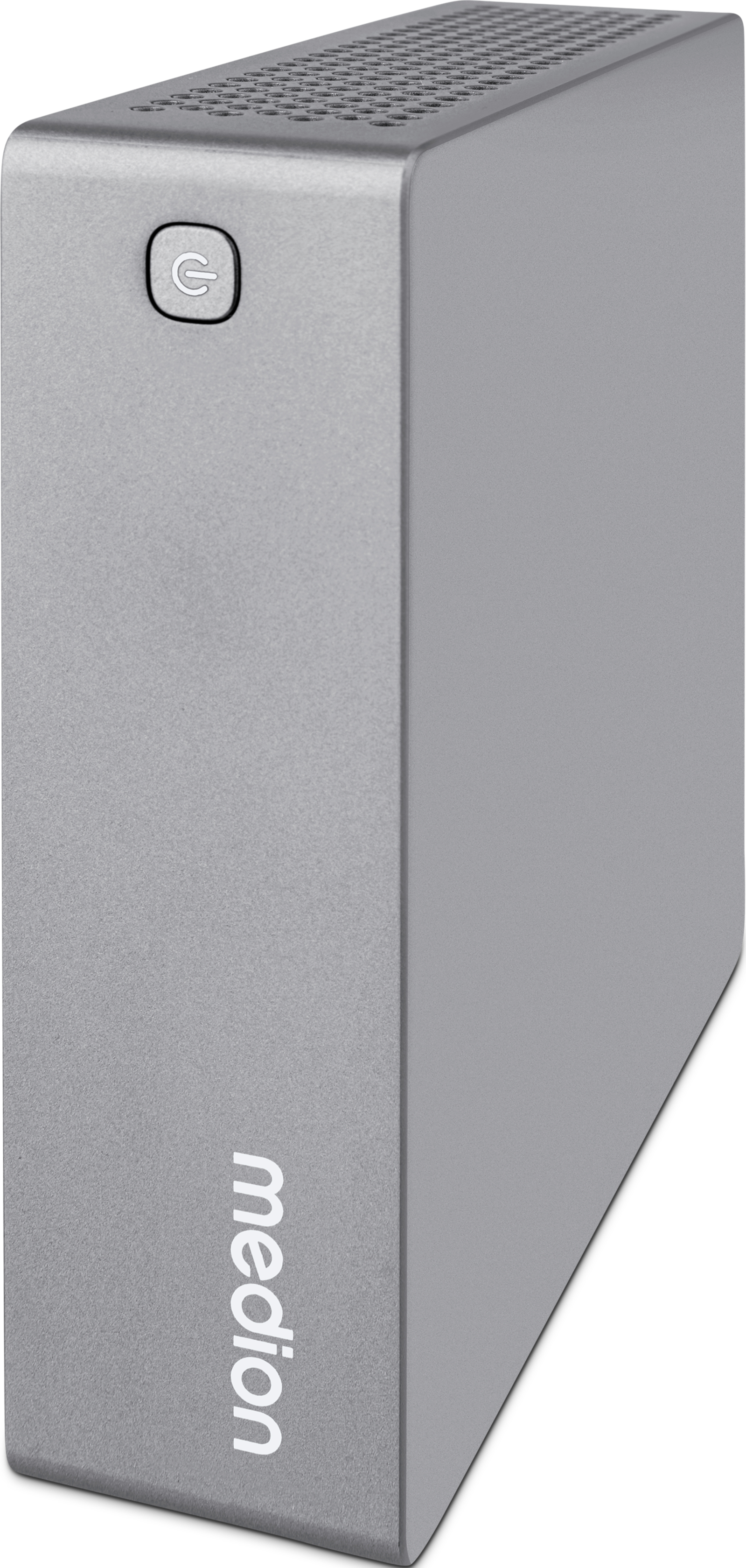 Appareil Medion argenté, vertical avec logo, bouton et ventilation. Fond blanc.