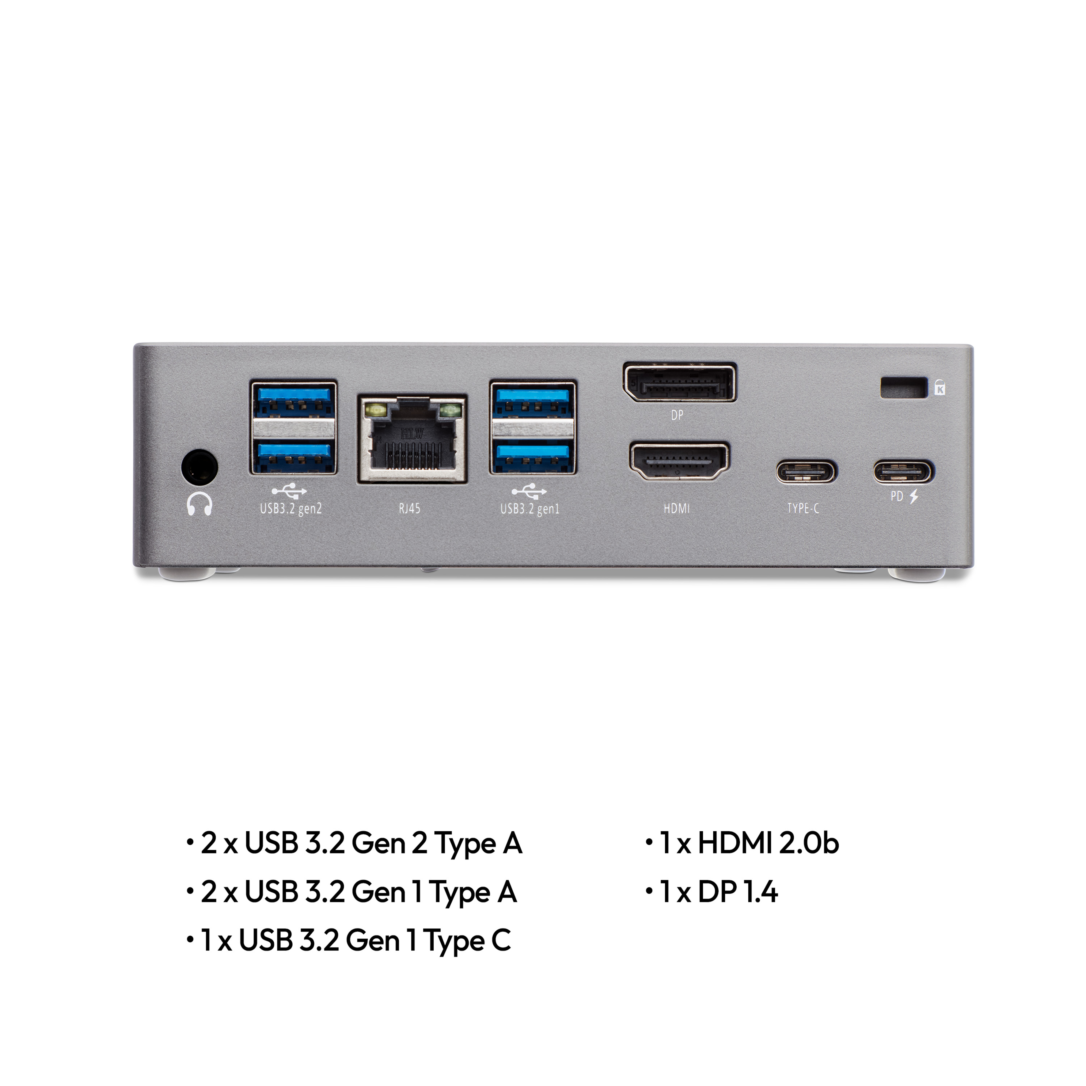 Panneau arrière avec ports : USB, RJ45, HDMI, DP, USB-C, audio. Fond blanc et texte.
