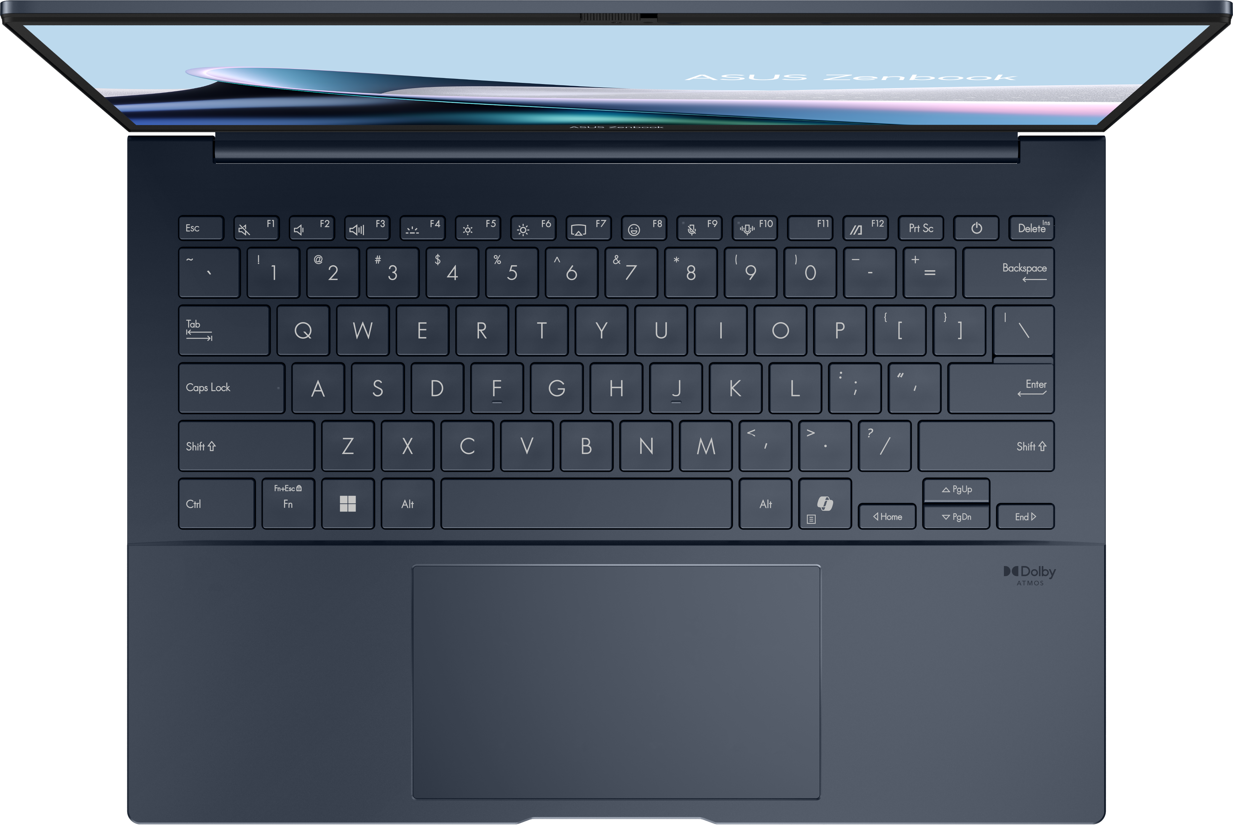Ordinateur portable ASUS Zenbook ouvert avec clavier et pavé tactile visibles. Fond noir.