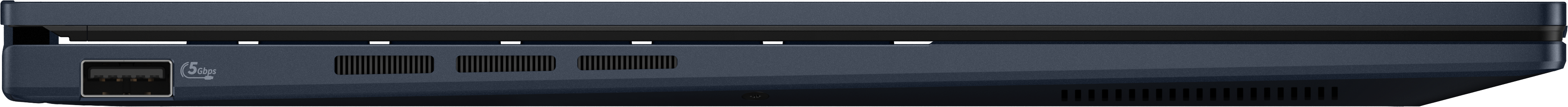 Vue latérale de l'ordinateur portable avec port USB et ventilation. Couleur bleu foncé. Fond noir.