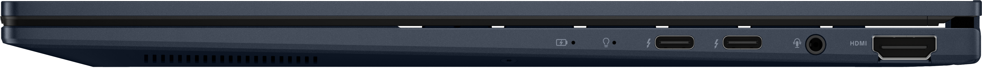 Vue latérale de l'ordinateur portable avec ports : USB, USB-C, HDMI, audio. Couleur bleu foncé. Fond noir.