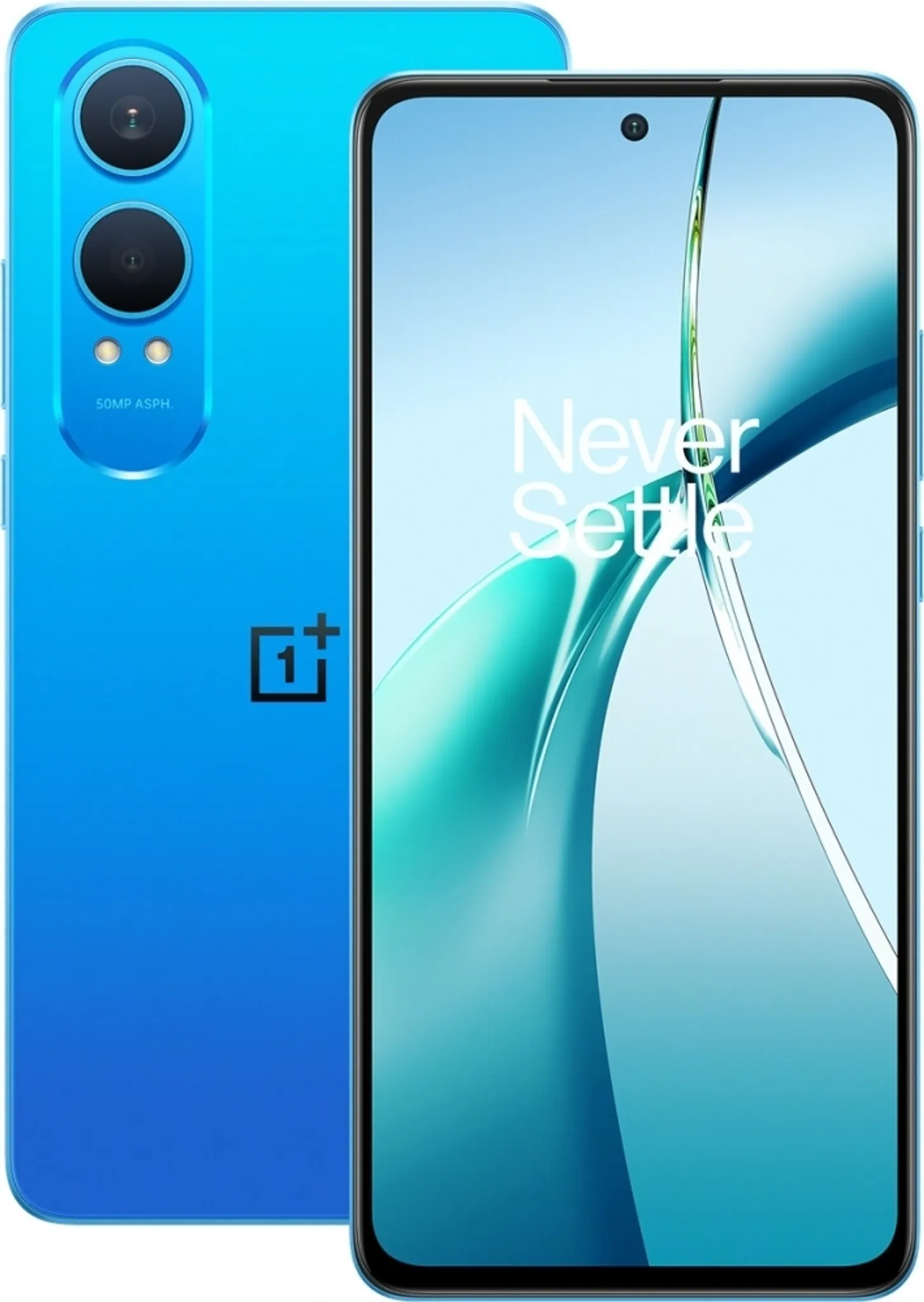 Kék okostelefon kamerával és képernyővel, amelyen a 'Never Settle' szöveg látható. OnePlus logó is látható.
