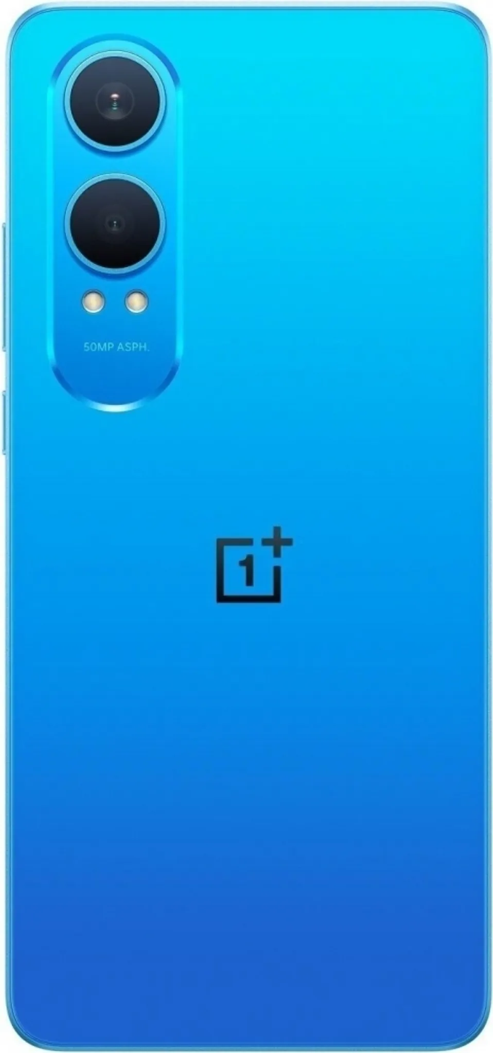 Kék okostelefon hátlap. Felül dupla kamera és vaku. OnePlus logó alul. A hátlap fényes kék.