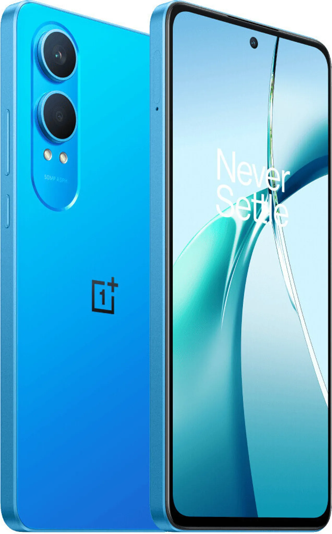 Kék okostelefon két kamerával, 'Never Settle' feliratú képernyővel és OnePlus logóval.