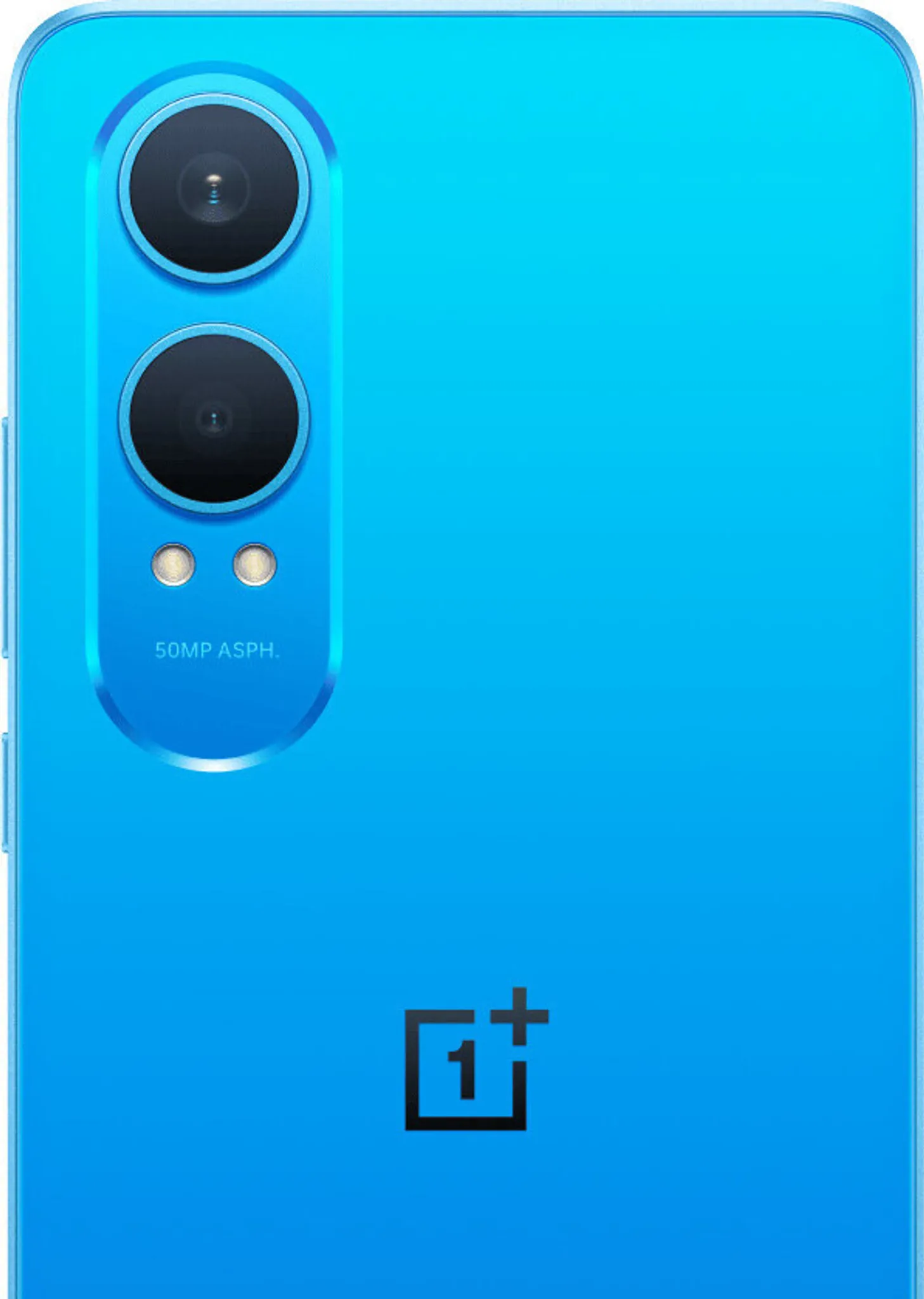 Kék telefon hátlapja. Két fekete kameralencse, a OnePlus logója és az '50MP ASPH.' felirat látható.