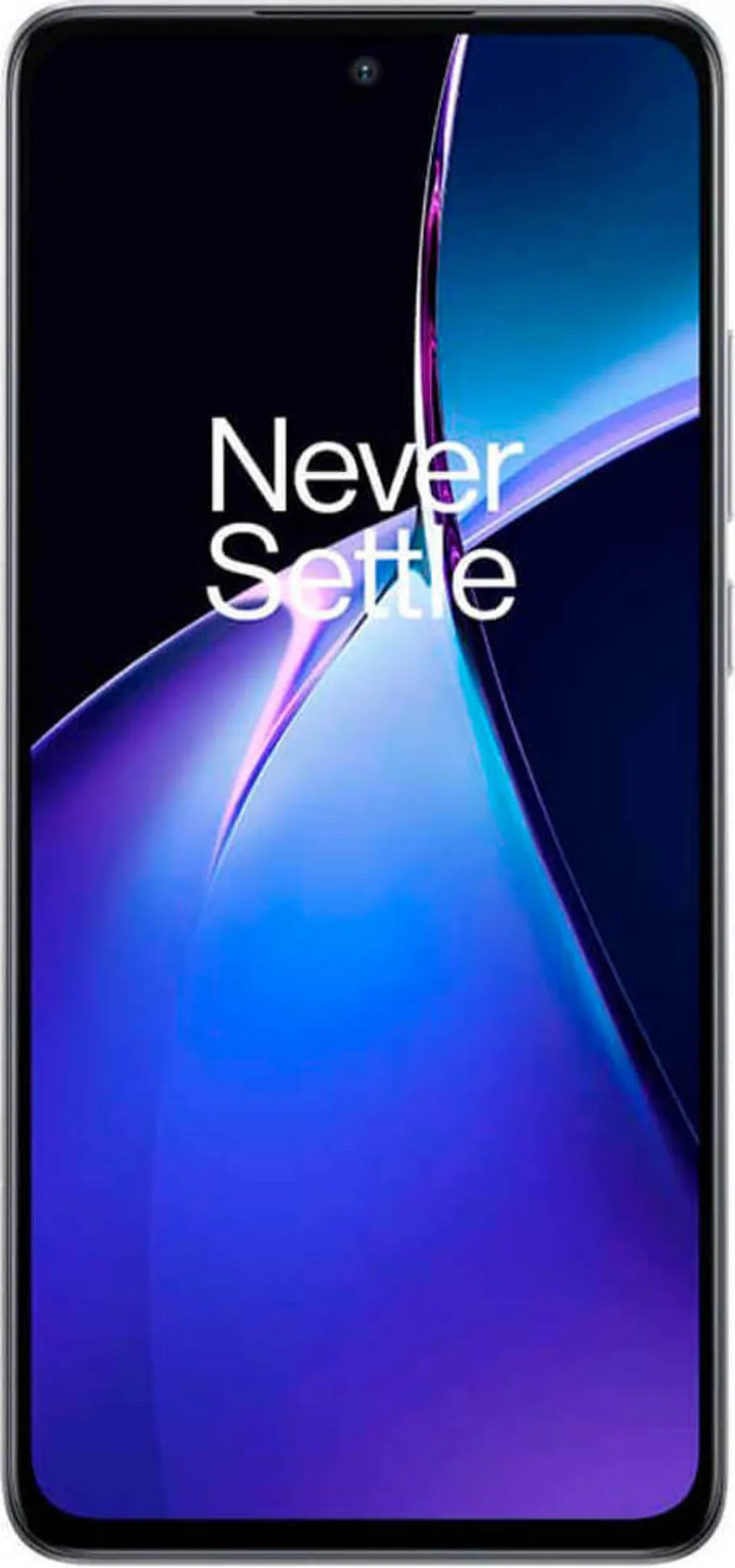 Okostelefon képernyője a "Never Settle" szöveggel, kék és lila absztrakt dizájnnal.