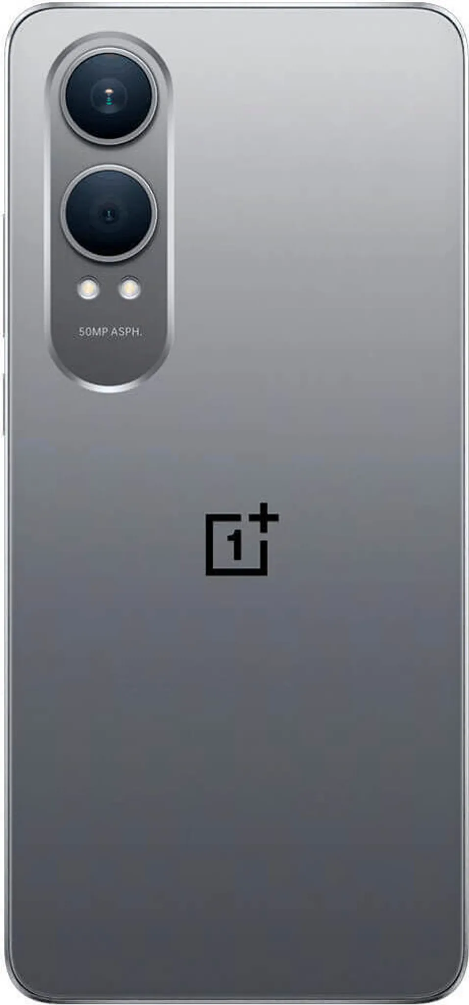 Szürke OnePlus telefon hátlap. Két kamerával, vakuval, a OnePlus logóval és ezüst kerettel rendelkezik.