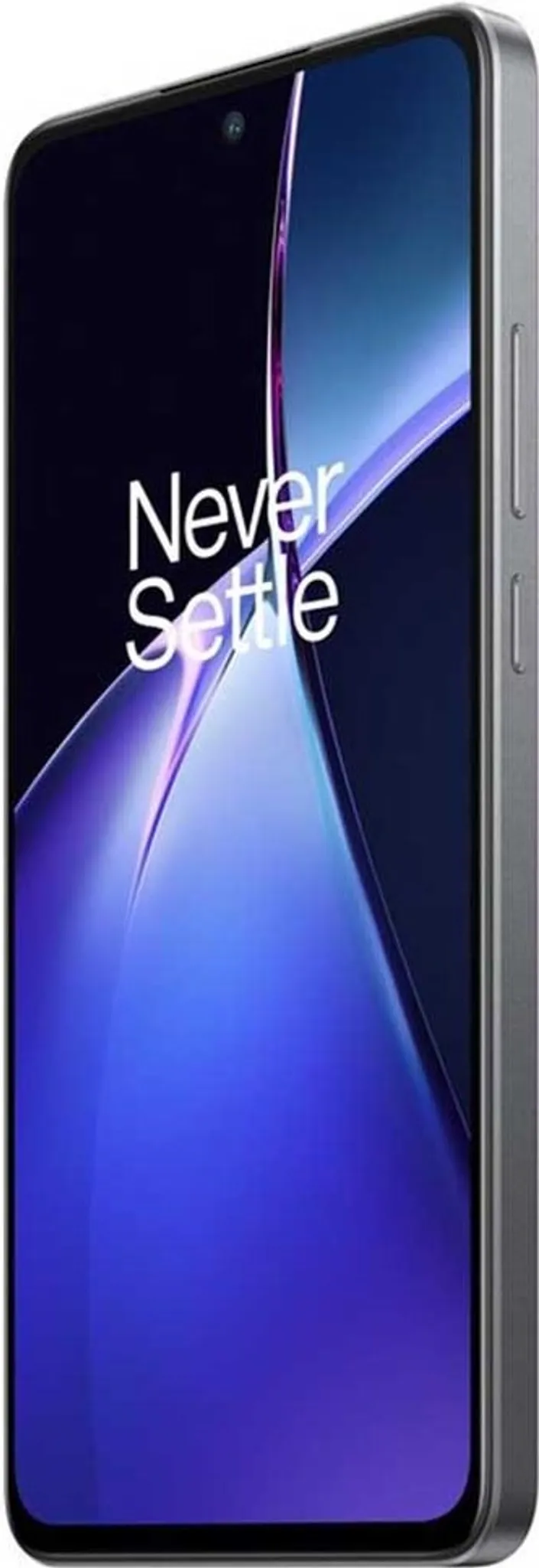 Egy ezüst okostelefon kék absztrakt dizájnt jelenít meg a 'Never Settle' felirattal.