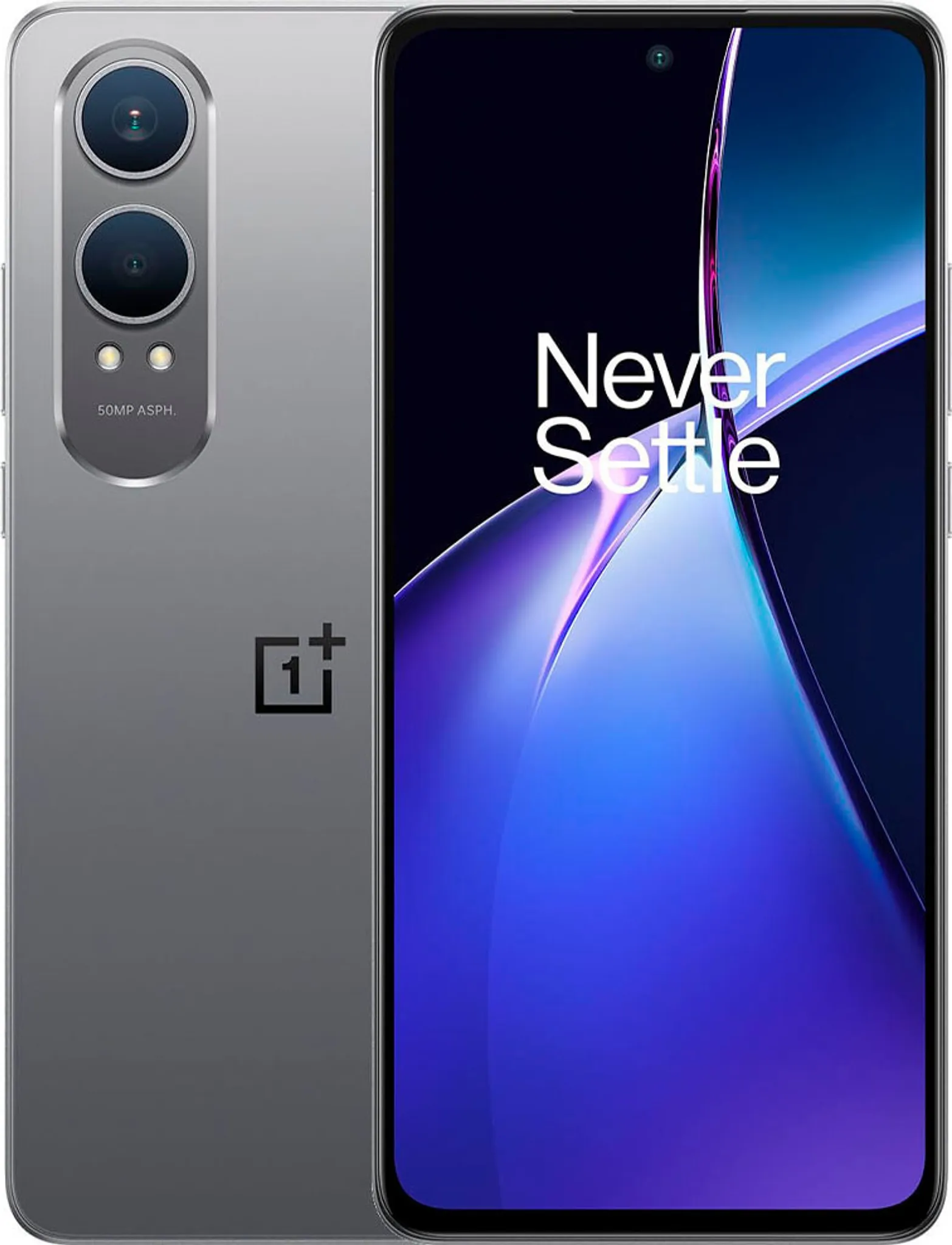 Ezüst okostelefon dupla kamerával. A képernyőn a 'Never Settle' látható. OnePlus logó a hátoldalon.