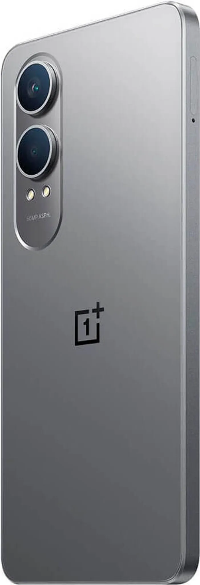 Egy szürke okostelefon látható kamerával, vakuval és a OnePlus logóval.