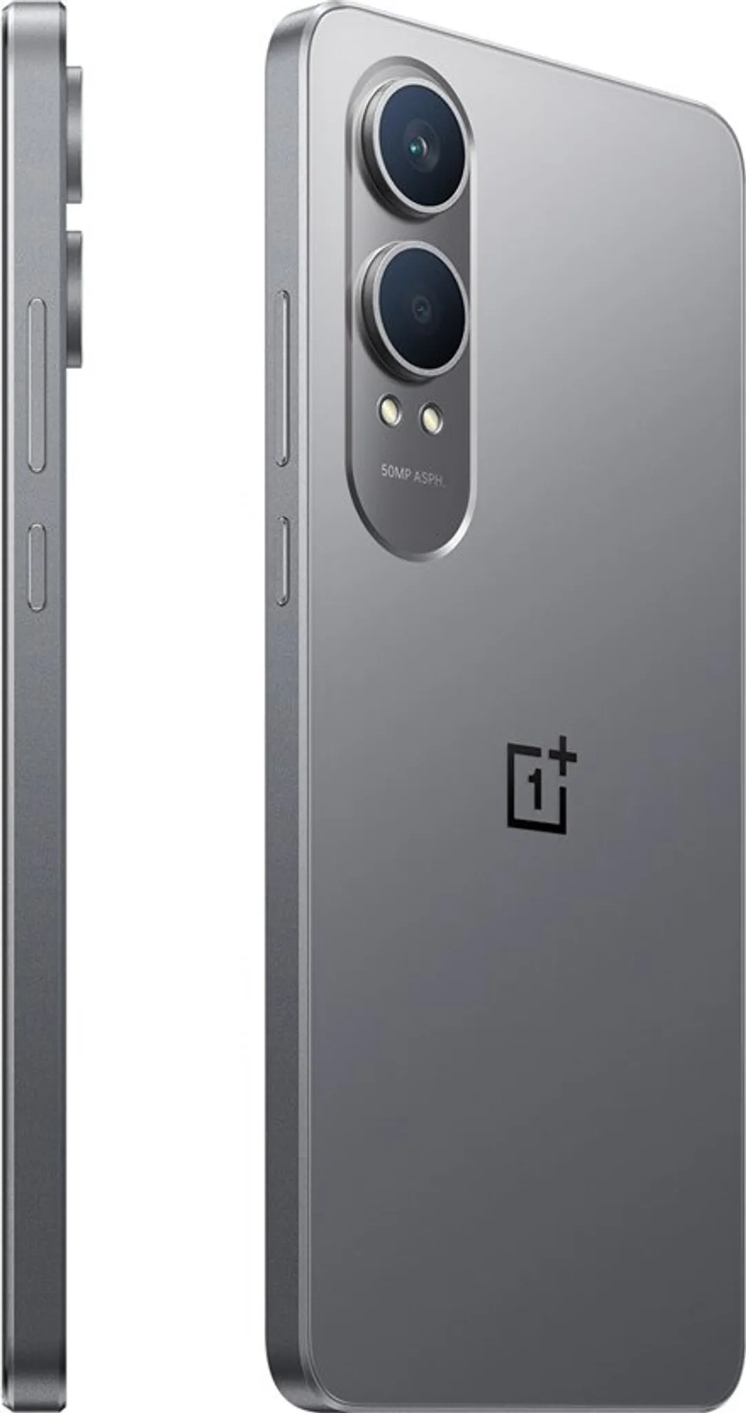 Szürke okostelefon kameramodullal. OnePlus logó a hátoldalon. Az oldalsó nézet gombokat mutat. A telefon jobbra dől.