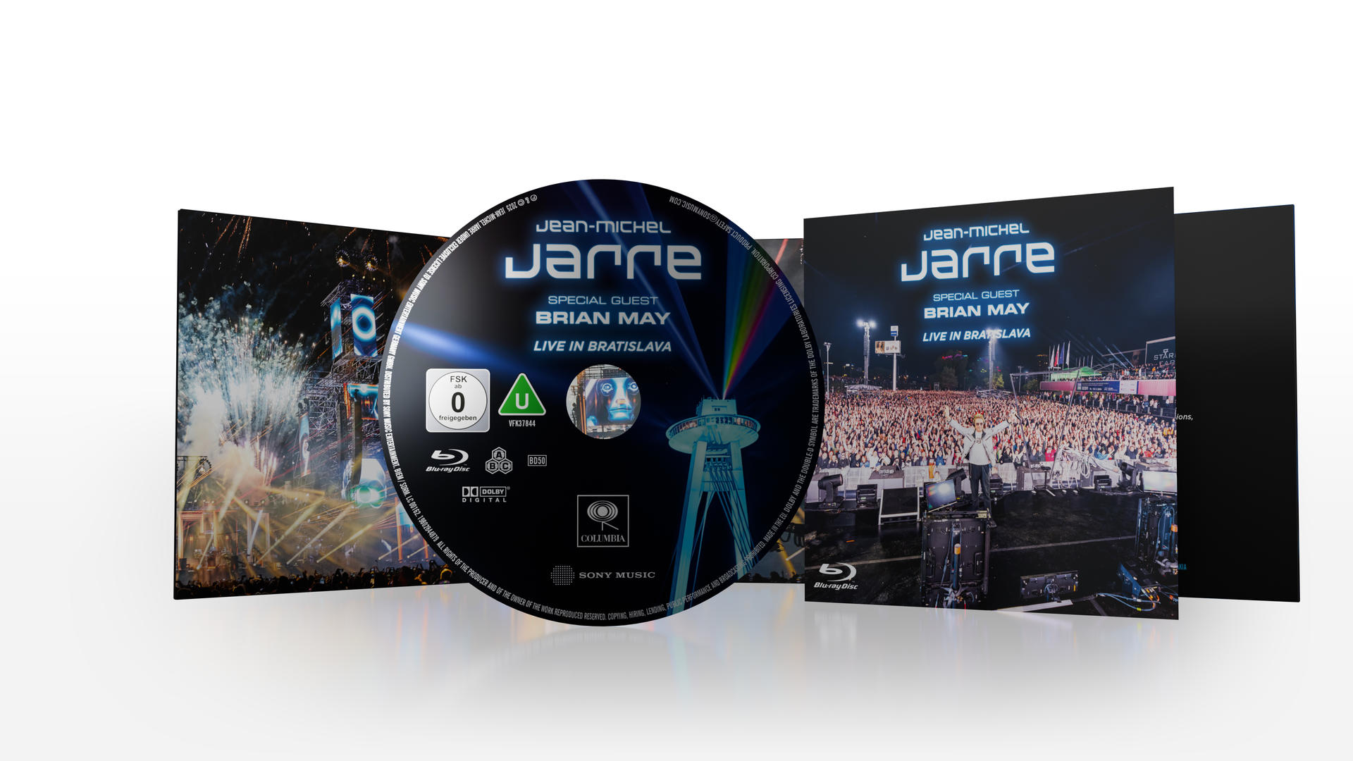 CD case open with a disc in the middle. The disc has a blue and white design. The background is white.