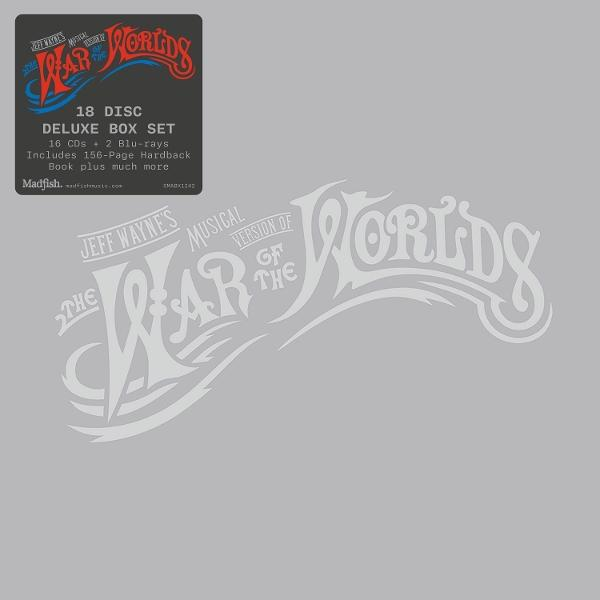 Album borító. A War of the Worlds, fehér szöveggel szürke háttéren. A dobozkészlet információi bal felül.