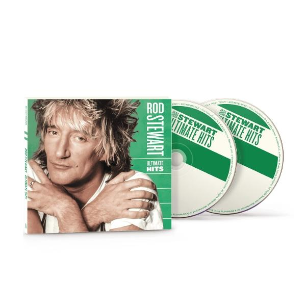 Album borító. Rod Stewart Ultimate Hits. Rod Stewart elöl. Két CD van a borító mellett.