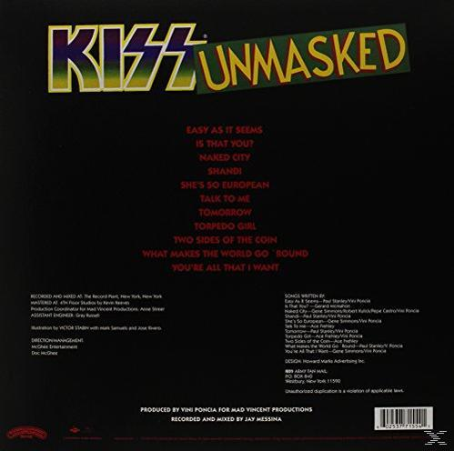 A KISS 'Unmasked' című albumának borítója. Cím nagy betűkkel. Szöveg fekete háttéren.