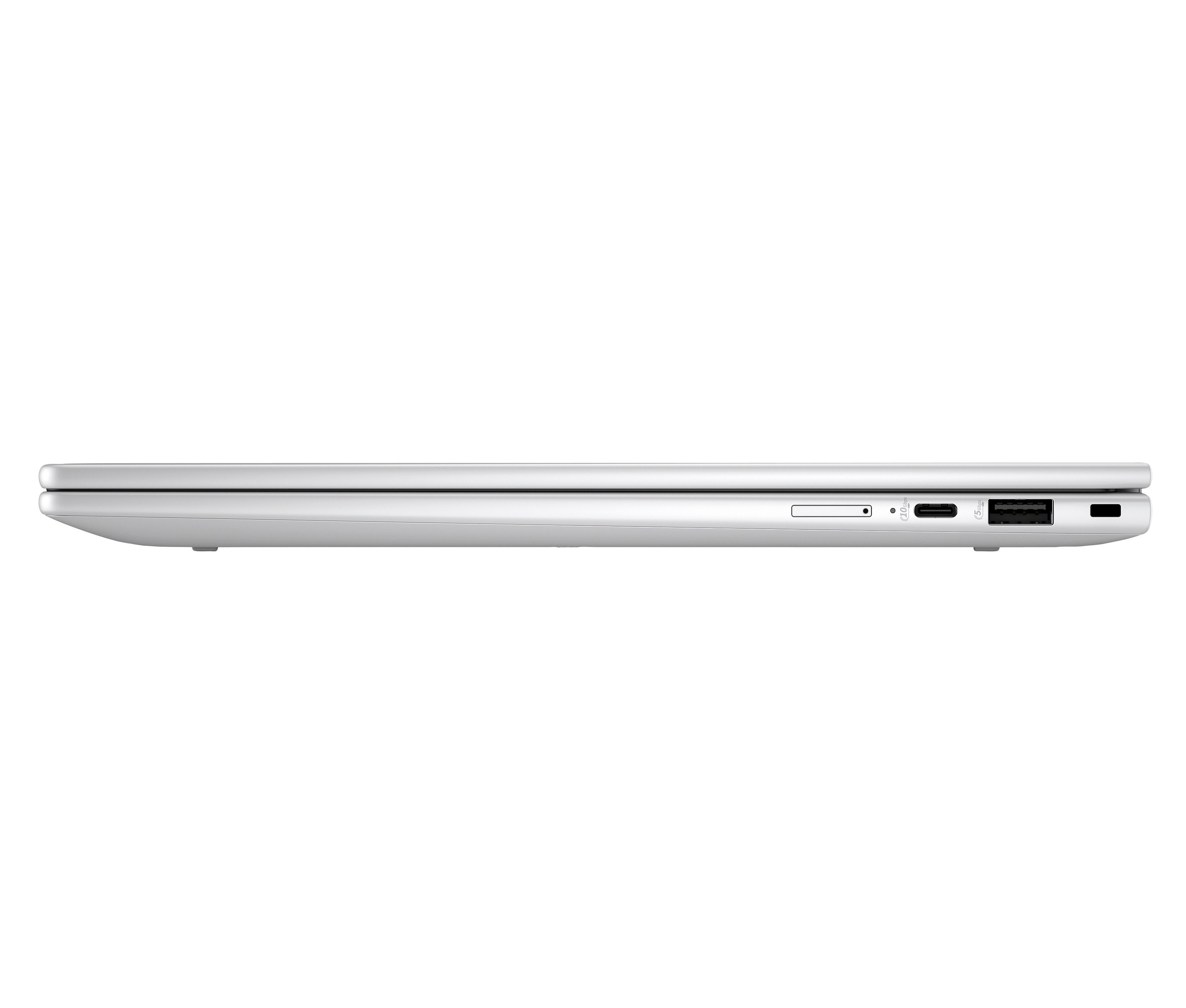Seitenansicht eines silbernen Laptops mit Anschlüssen auf weißer Oberfläche.