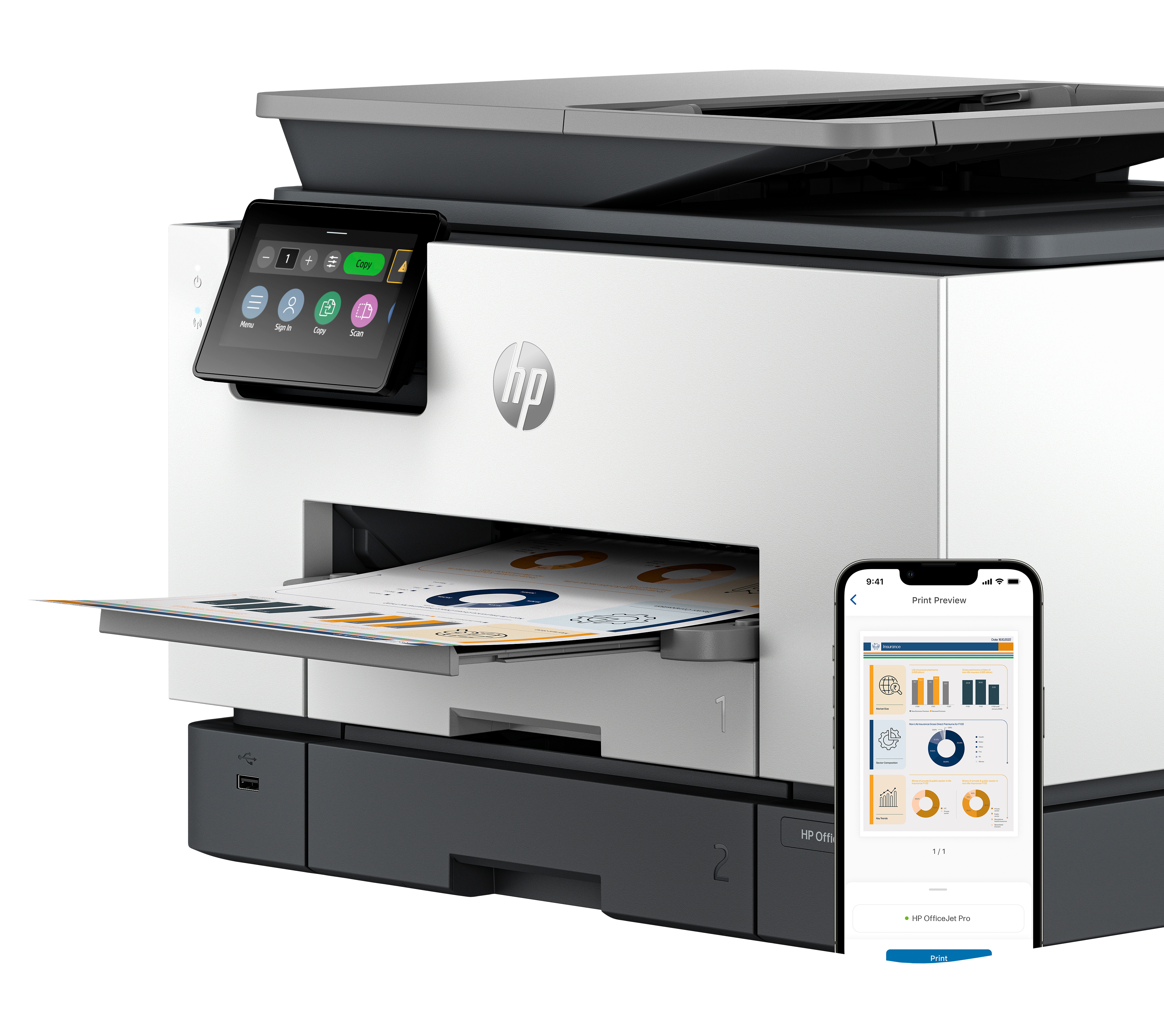 Ein Drucker mit Bedienfeld und ein Mobiltelefon, das eine Druckvorschau eines Diagramms anzeigt.