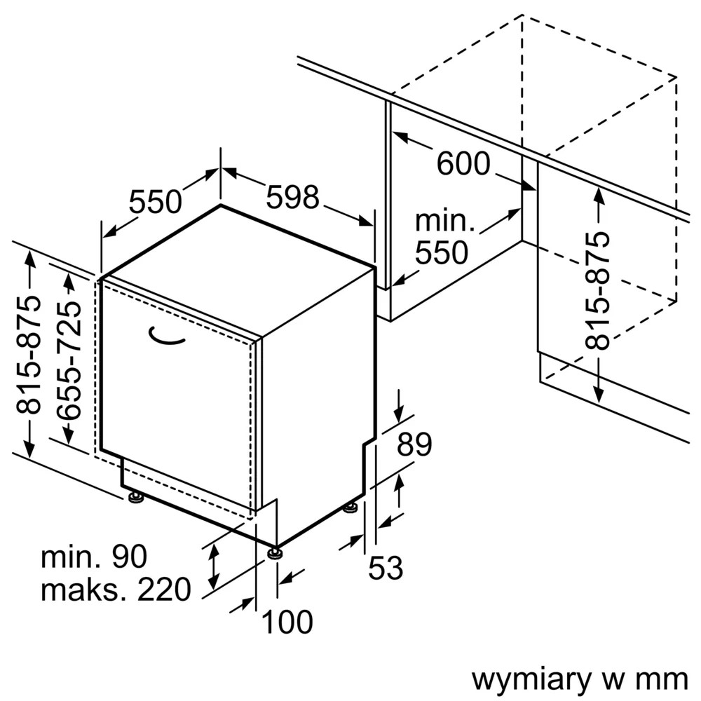 Rysunek techniczny zmywarki pokazujący wymiary. Widok z boku, wymiary w mm.