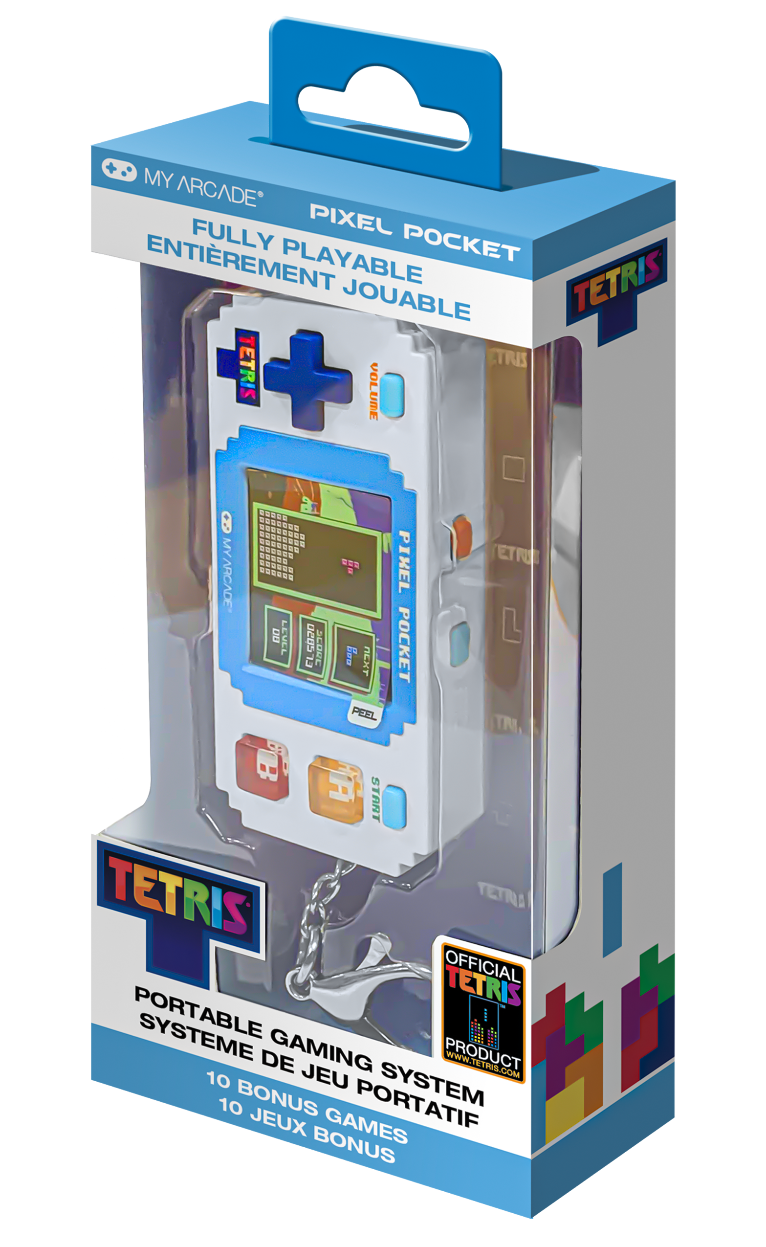 Tetris Pixel Pocket el oyun konsolu ambalajında.