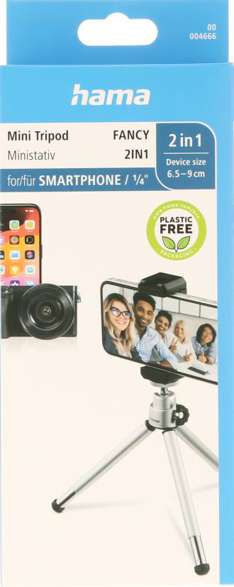Mini tripod ambalajı, akıllı telefon ve kamera gösteriyor.