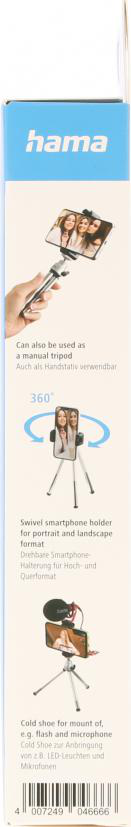 Kutuda telefon bağlı bir akıllı telefon tripodu görülüyor. Gümüş ve siyah renkte.