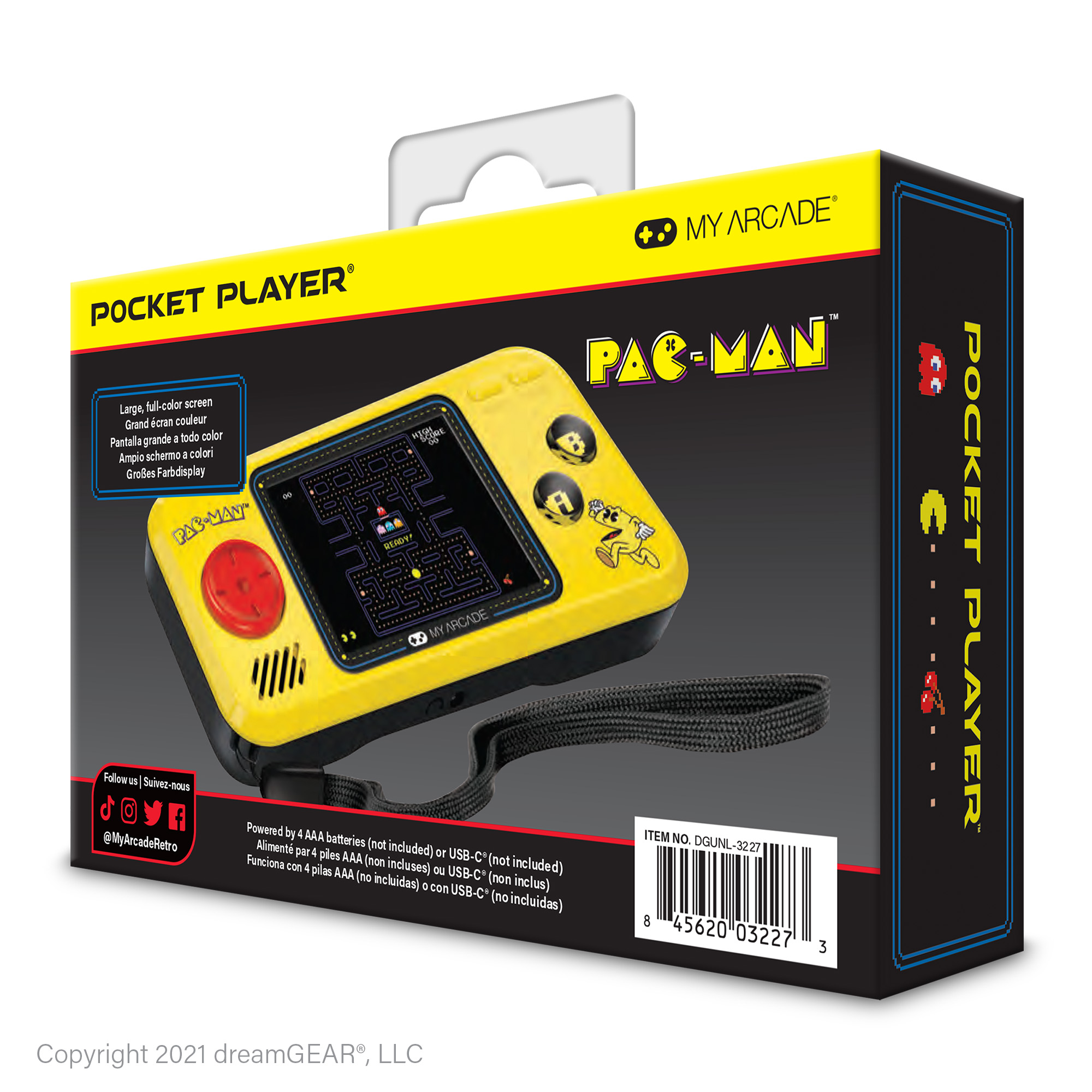 Ekranda oyunun gösterildiği sarı bir Pac-Man el tipi oyun konsolu.