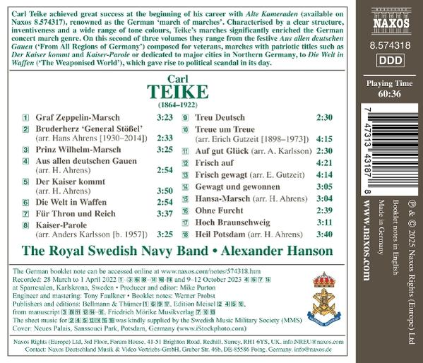 Rückseite einer CD mit einer Titelliste und dem Namen des Albums und des Künstlers, 'Carl Teike', 'The Royal Swedish Navy Band'.