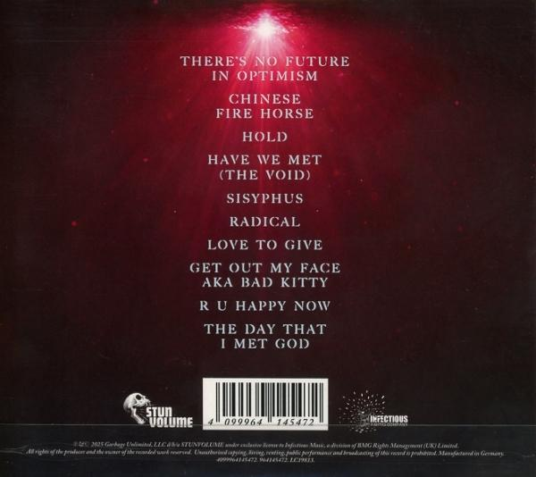 Fond rouge avec texte noir listant les titres des chansons. Code-barres en bas. Pochette de l'album.