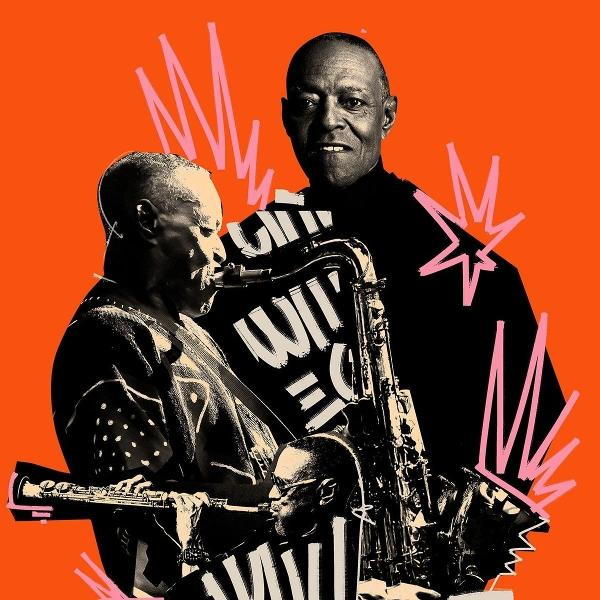 Illustration mit drei Musikern, Saxophon, Klarinette und einem Jazz-Hintergrund.