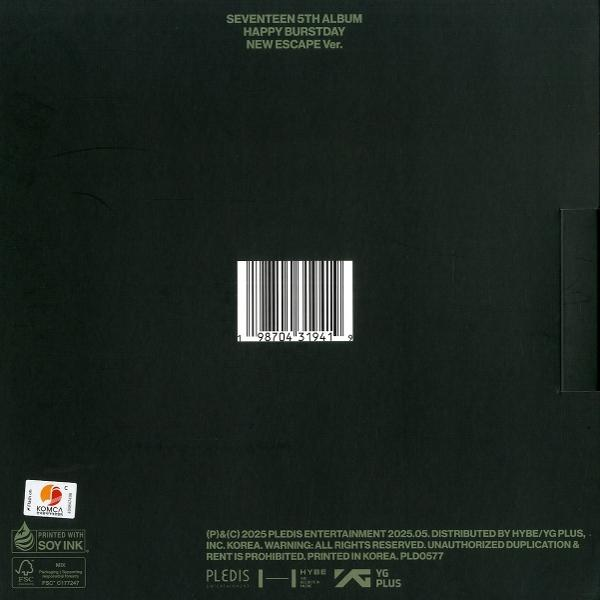 Rückseite des Albums. Schwarzer Hintergrund. Barcode. Text: SEVENTEEN 5TH ALBUM HAPPY BURSTDAY NEW ESCAPE Ver.