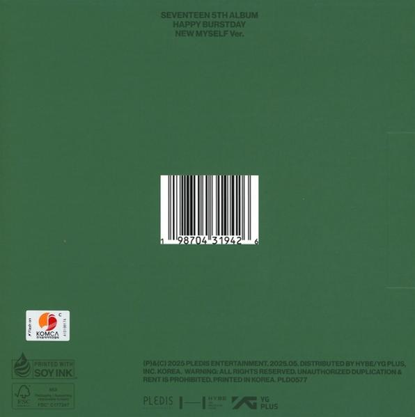 Rückseite des Albums. Grüner Hintergrund. Barcode. Text: SEVENTEEN 5TH ALBUM HAPPY BURSTDAY NEW MYSELF Ver.