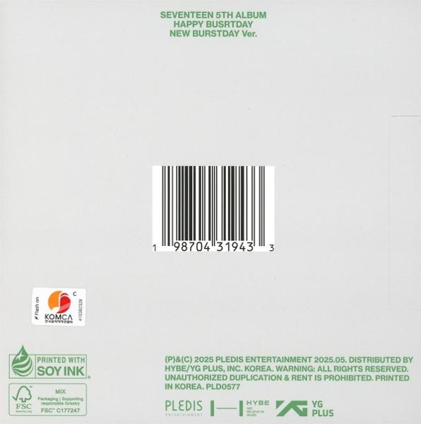 Rückseite des Albums. Weißer Hintergrund. Barcode. Text: SEVENTEEN 5TH ALBUM HAPPY BURSTDAY NEW BURSTDAY Ver.