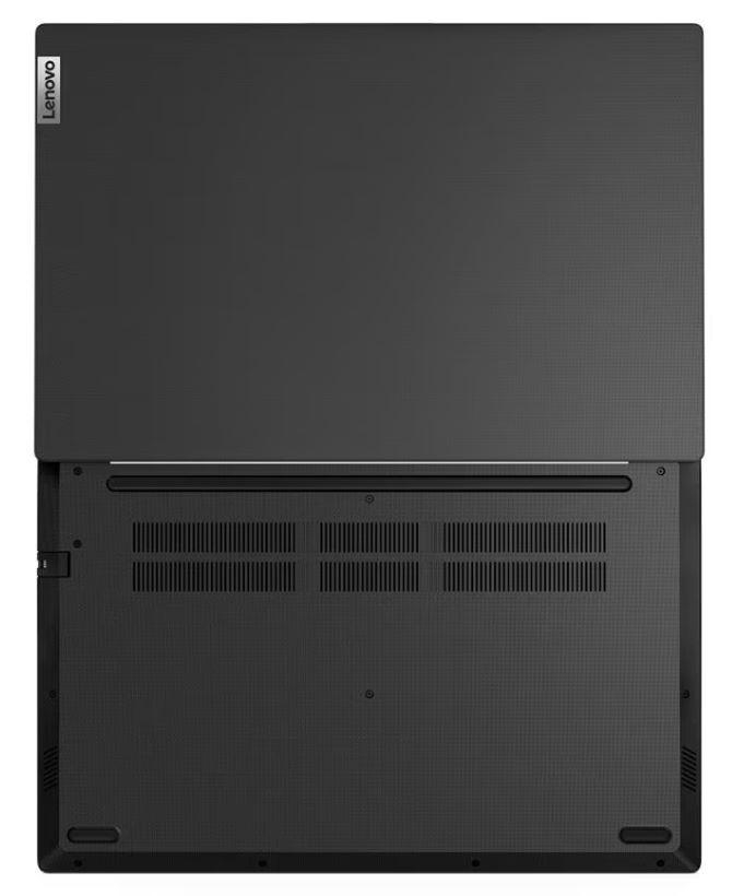 Ein schwarzer Laptop, von oben betrachtet. Der obere Deckel ist geschlossen, und der untere ist offen.