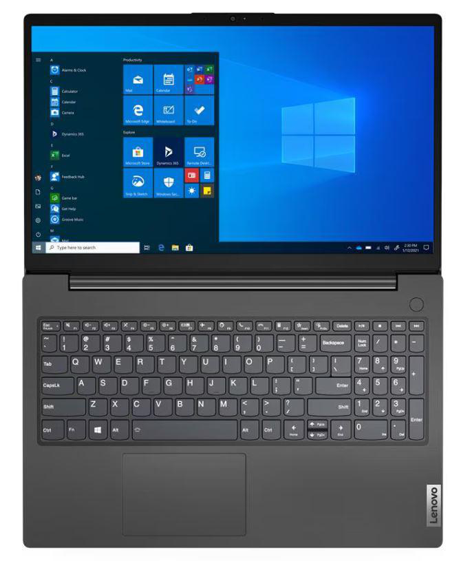 Laptop mit Windows-Startbildschirm, Tastatur sichtbar.