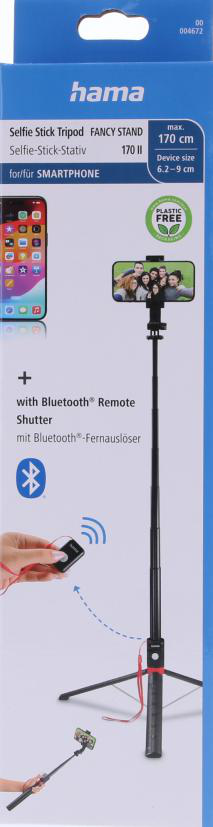 Selfie çubuğu tripodu kutusu, telefon ve Bluetooth uzaktan kumandası ile. Beyaz arka plan.