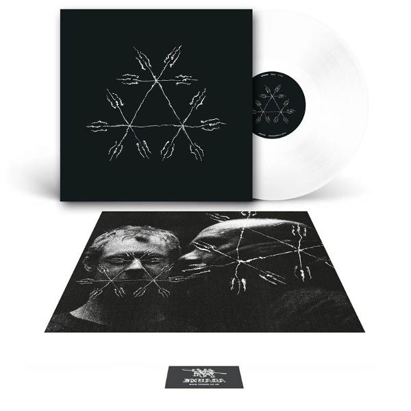 Vinylplatte mit schwarzem Cover, weißem Design und weißer Vinylplatte.