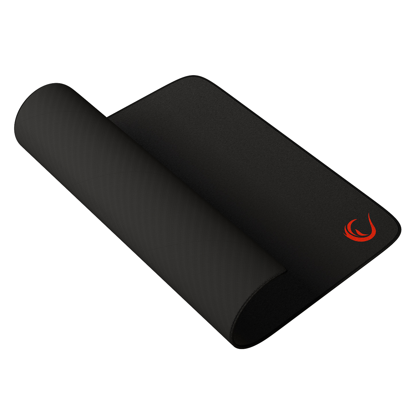 Siyah oyun mousepad'i, kıvrılmış kenar ve altta kırmızı logo.