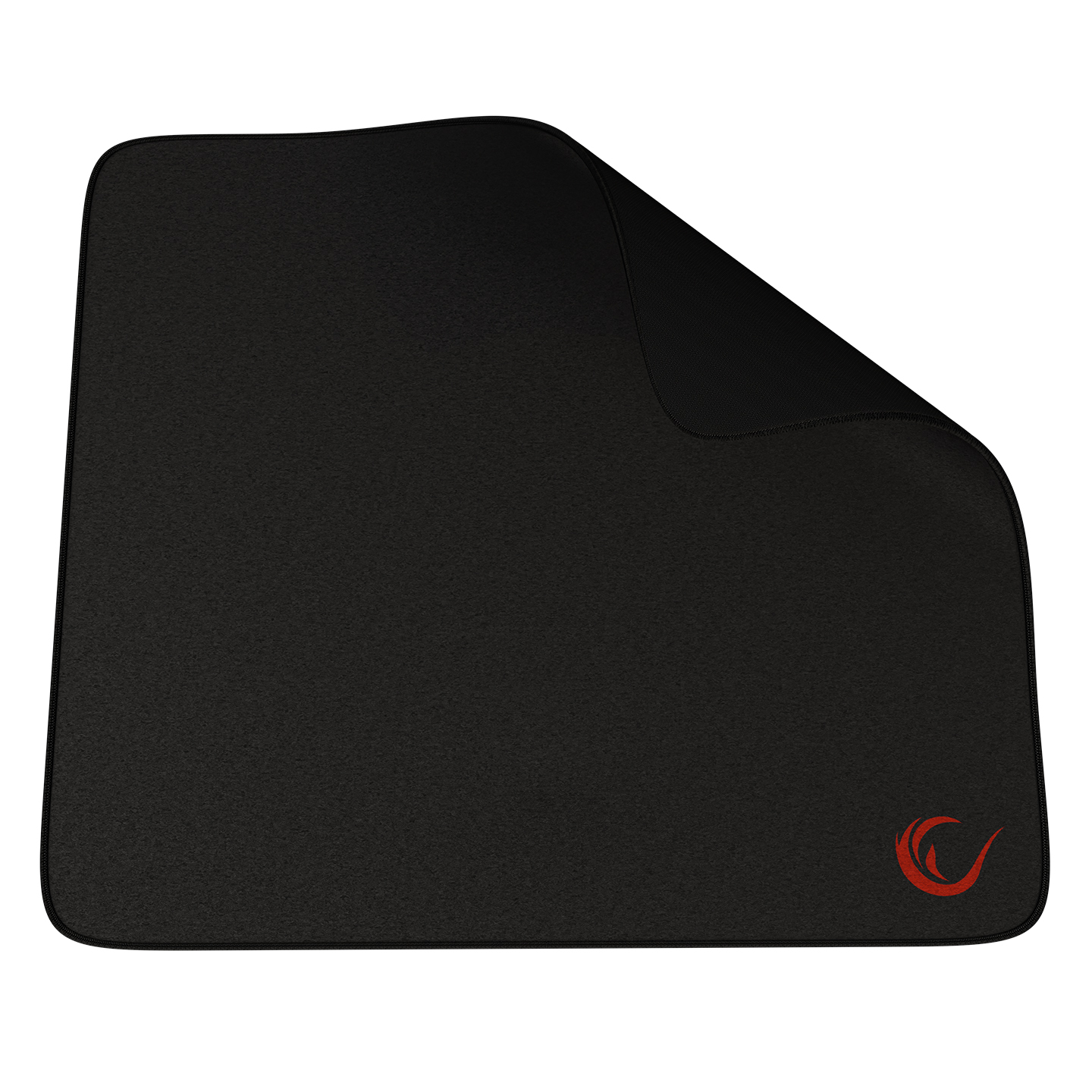 Siyah oyun mousepad'i, kırmızı logo, yüzeyi açılı.