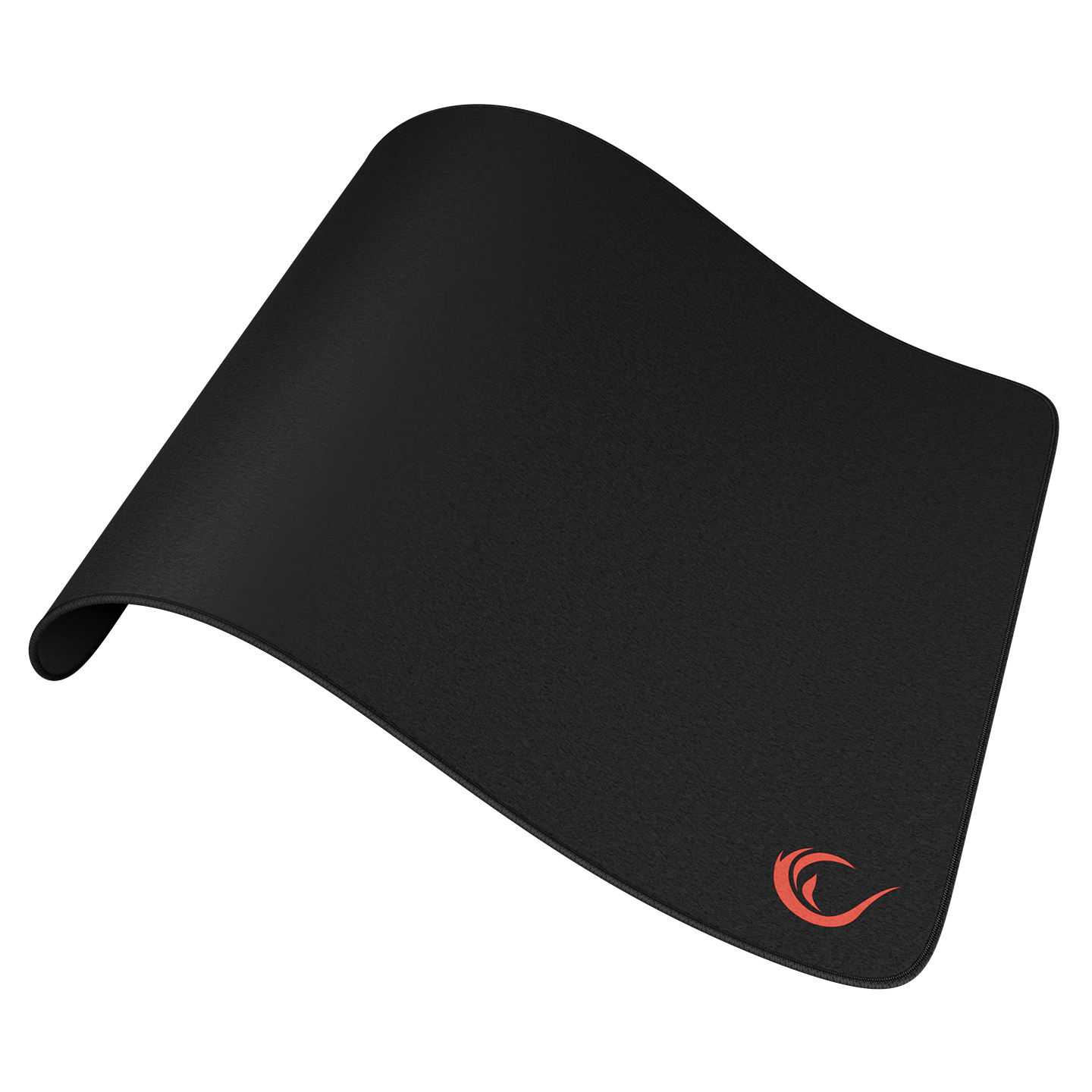 Siyah oyun mousepad'i, kavisli şekil, sağ alt köşede kırmızı logo.