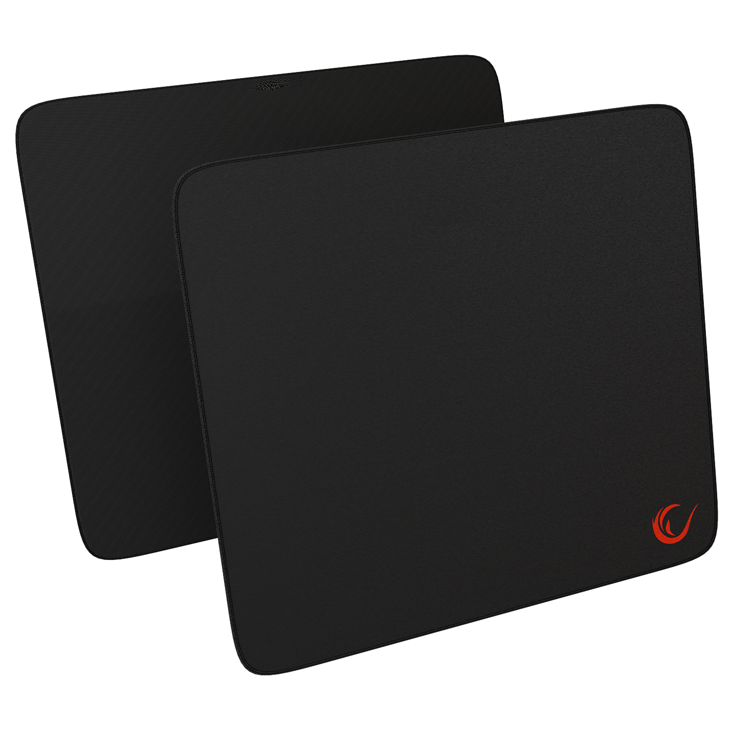 İki siyah oyun mousepad'i, üst üste, her birinde kırmızı logo.