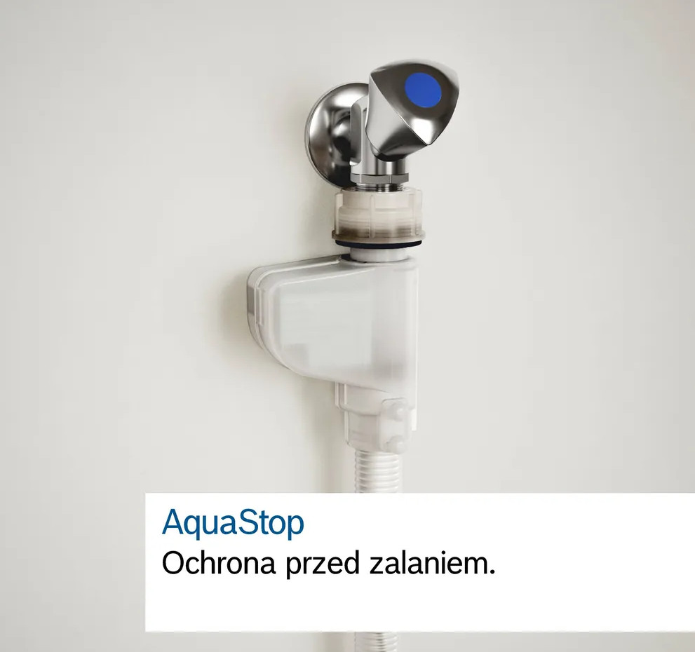 Urządzenie AquaStop na białej ścianie. Srebrne i białe z niebieskim wierzchem. Tekst: AquaStop, Ochrona.