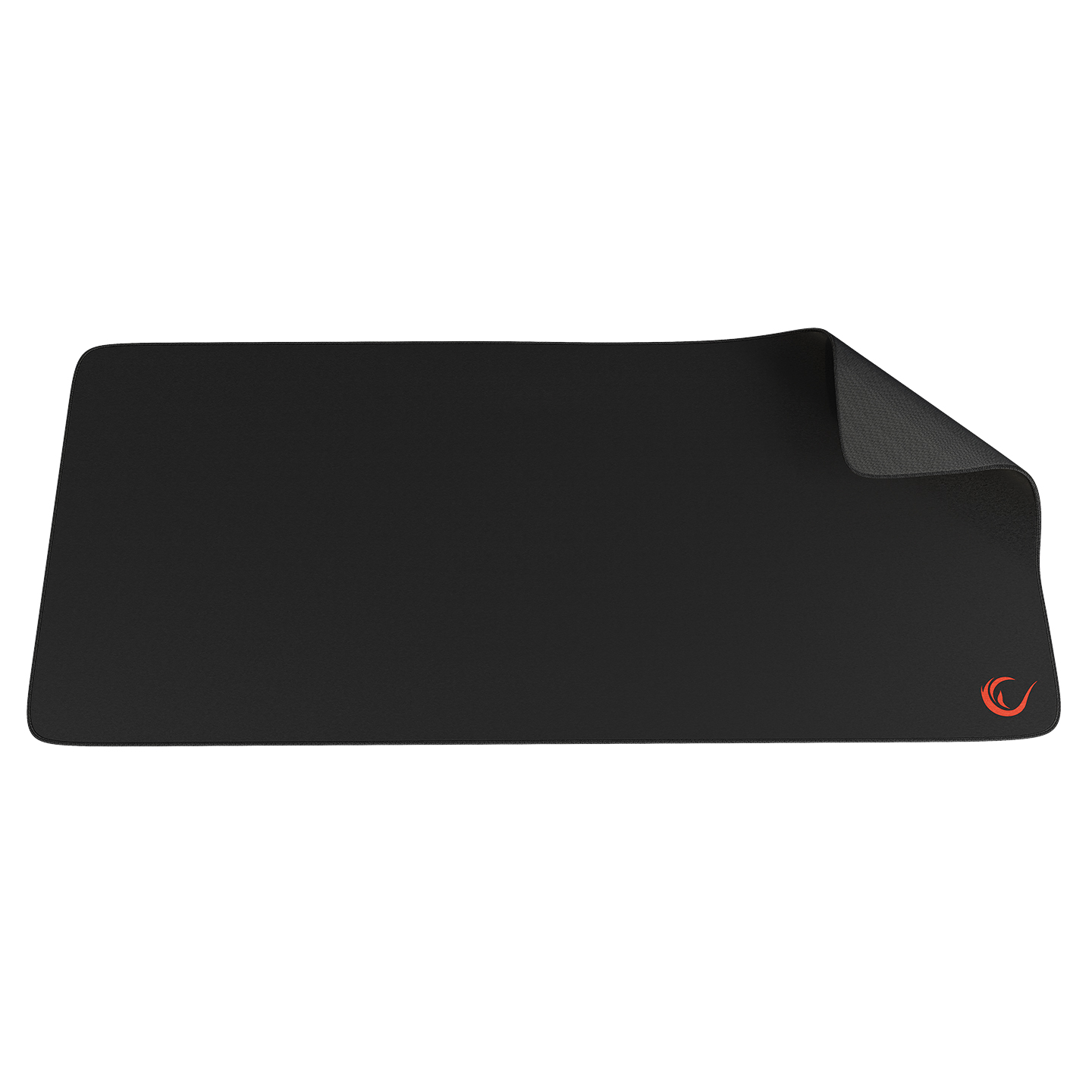 Logolu ve kıvrılmış köşeli siyah mousepad.