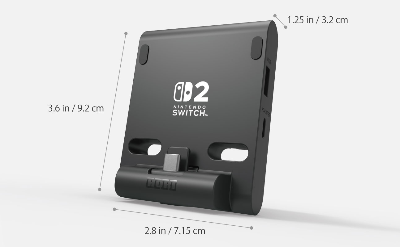 Logo, USB ve AC adaptör bağlantı noktalarına sahip siyah Nintendo Switch standı, boyutları belirtilmiş.