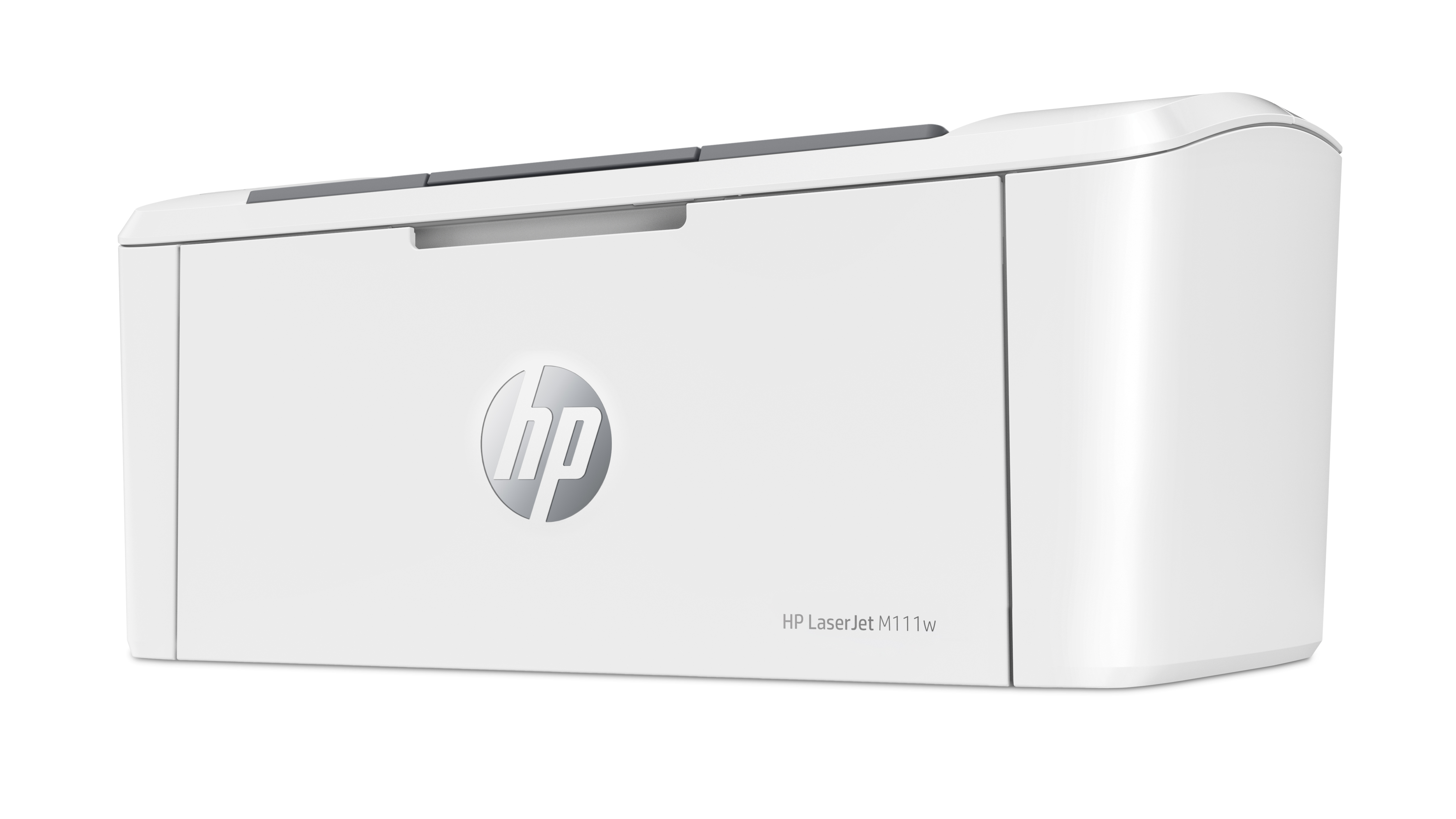 Beyaz HP yazıcı. Önden görünüm. Ön tarafta HP logosu. Model adı: LaserJet M111w.