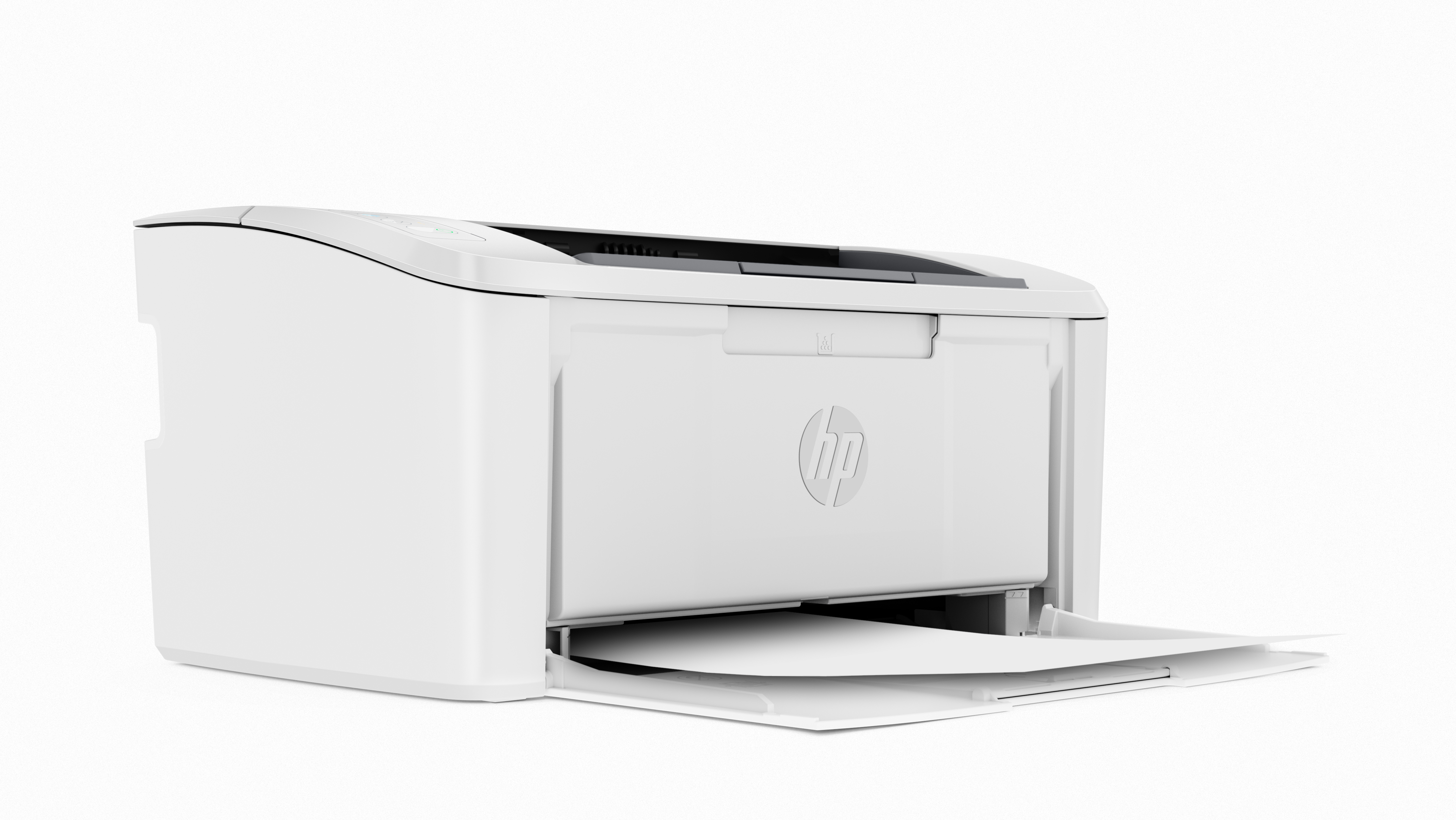 Açık kağıt tepsisi olan beyaz HP yazıcı. İçinde kağıt var. Ön tarafta HP logosu.