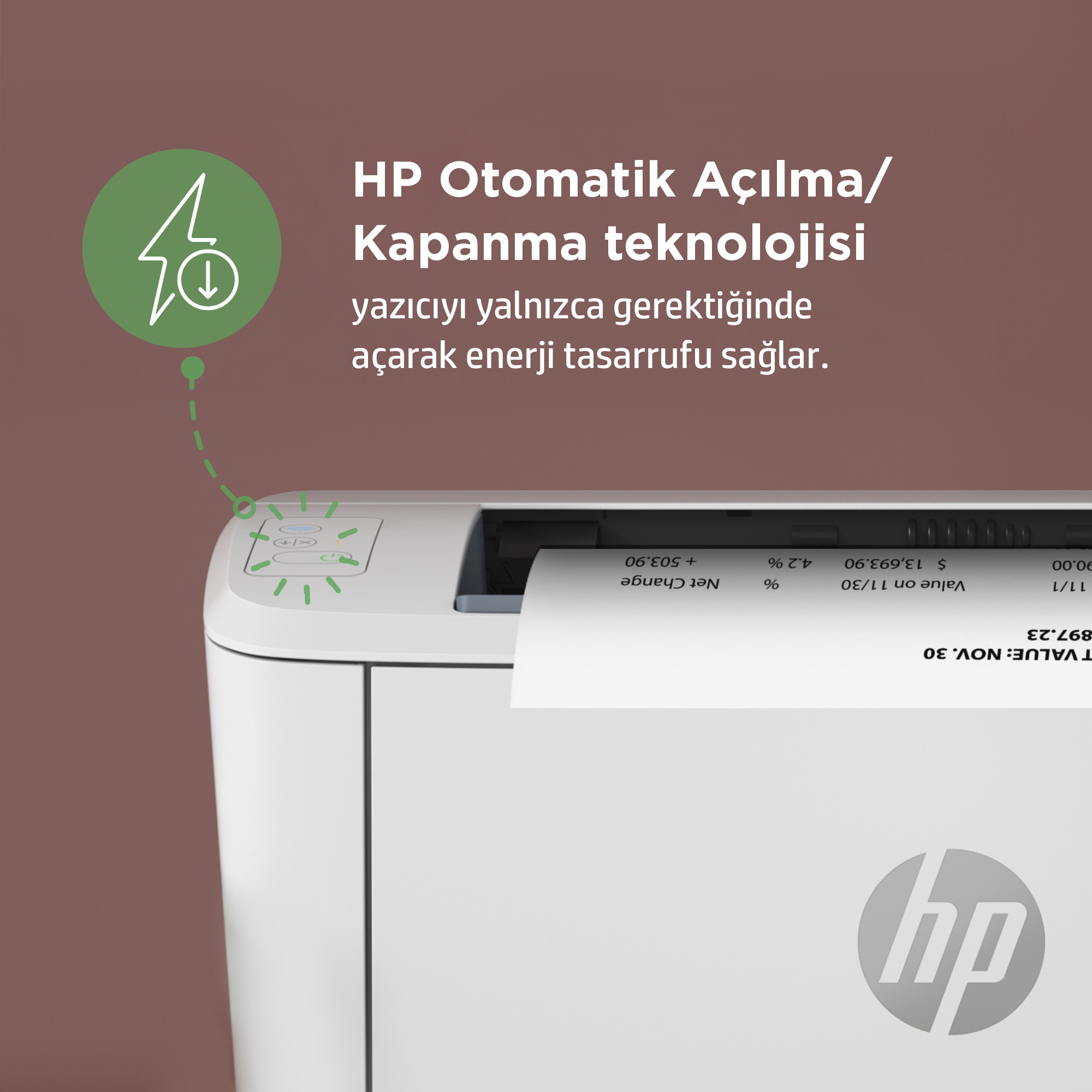 HP yazıcının yakın çekimi. Metin: HP Otomatik Açma/Kapama teknolojisi enerji tasarrufu sağlar.