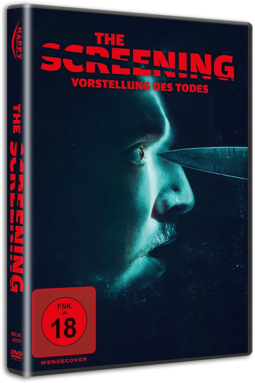 DVD-Cover: Das Gesicht eines Mannes mit einem Messer, das sich seinem Auge nähert. Der Titel lautet 'The Screening'.